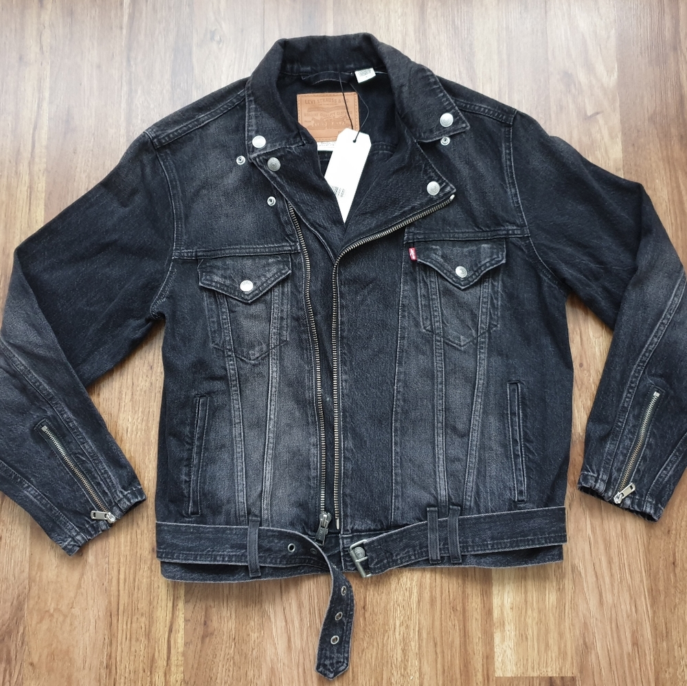 Levis Premium Big E Moto Denim In Rider Trucker Jean Jacket Black Men's NEW